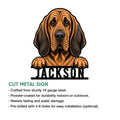 Bloodhound cut metal sign shown in a product feature infographic with the illustrated hound design