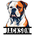 Colorful American Bulldog portrait metal sign with bold black framing and a custom design