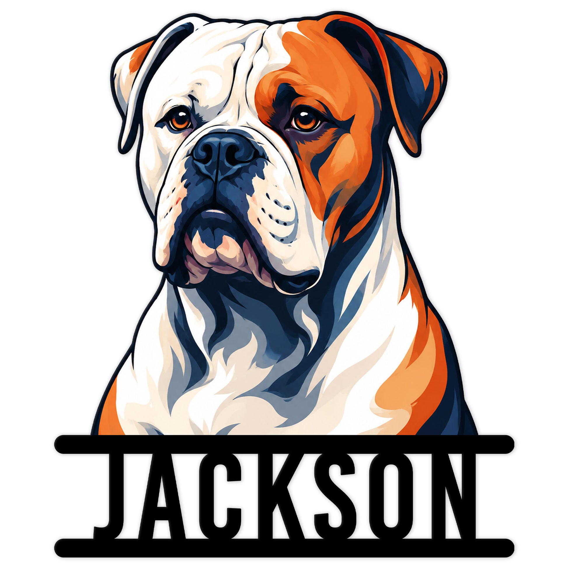 Colorful American Bulldog portrait metal sign with bold black framing and a custom design