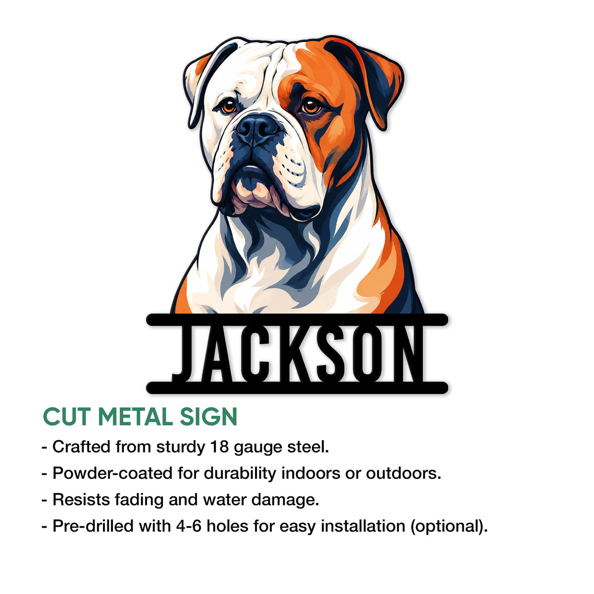 American Bulldog metal sign product graphic highlighting the cut-metal sign presentation
