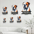 American Bulldog metal sign size guide showing multiple square size options in a living room