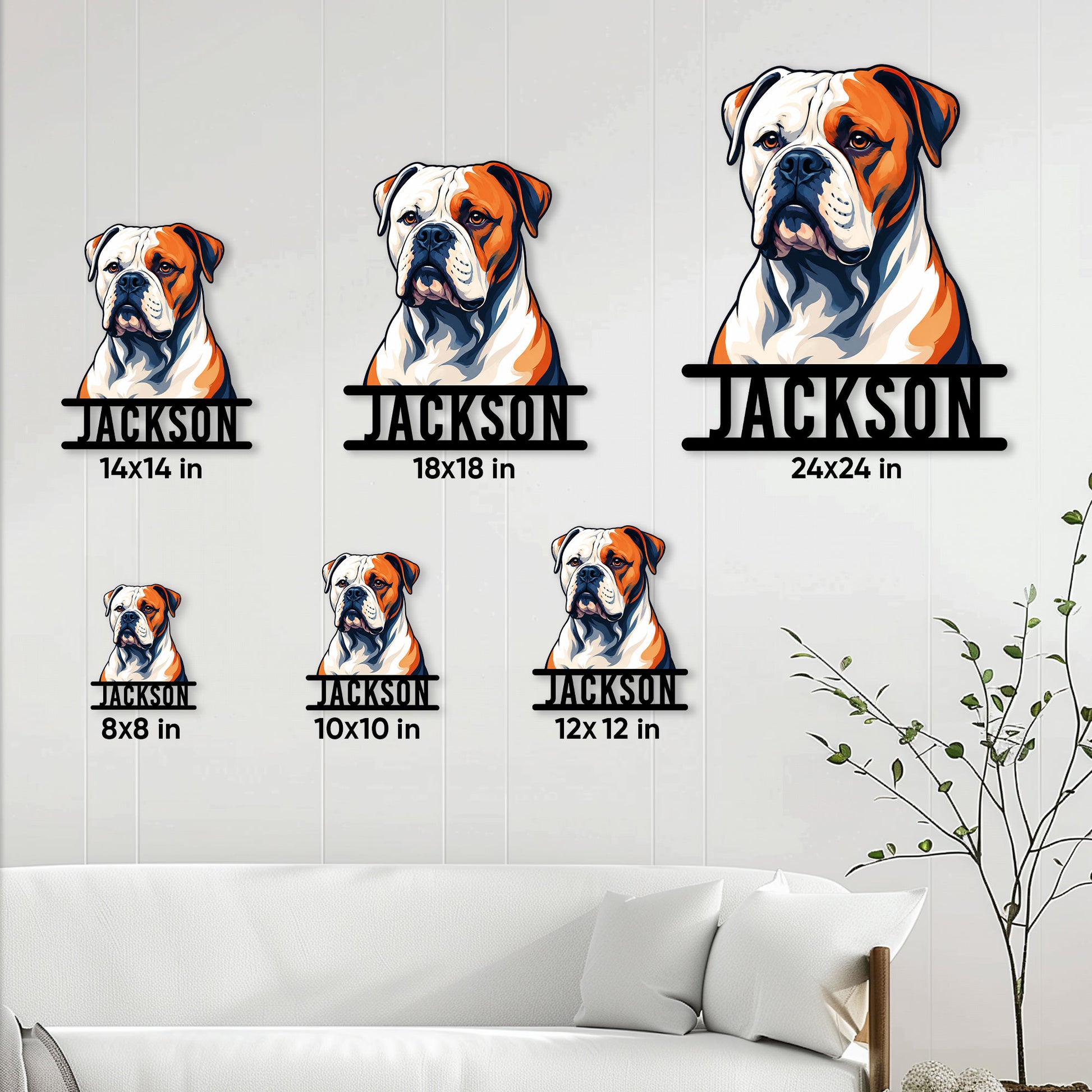 American Bulldog metal sign size guide showing multiple square size options in a living room