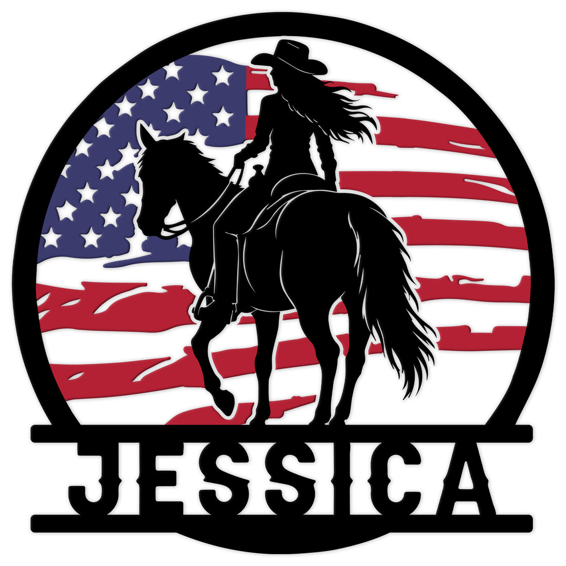 Patriotic cowgirl metal sign featuring a horseback rider silhouette framed by an American flag