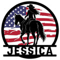 Patriotic cowgirl metal sign featuring a horseback rider silhouette framed by an American flag