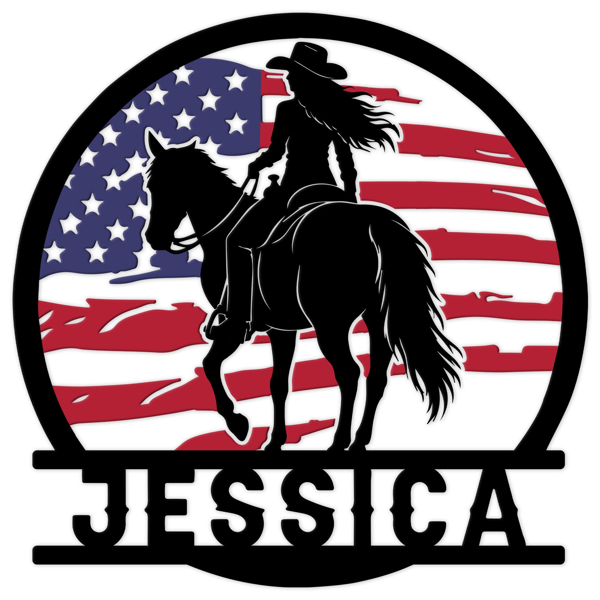 Patriotic cowgirl metal sign featuring a horseback rider silhouette framed by an American flag
