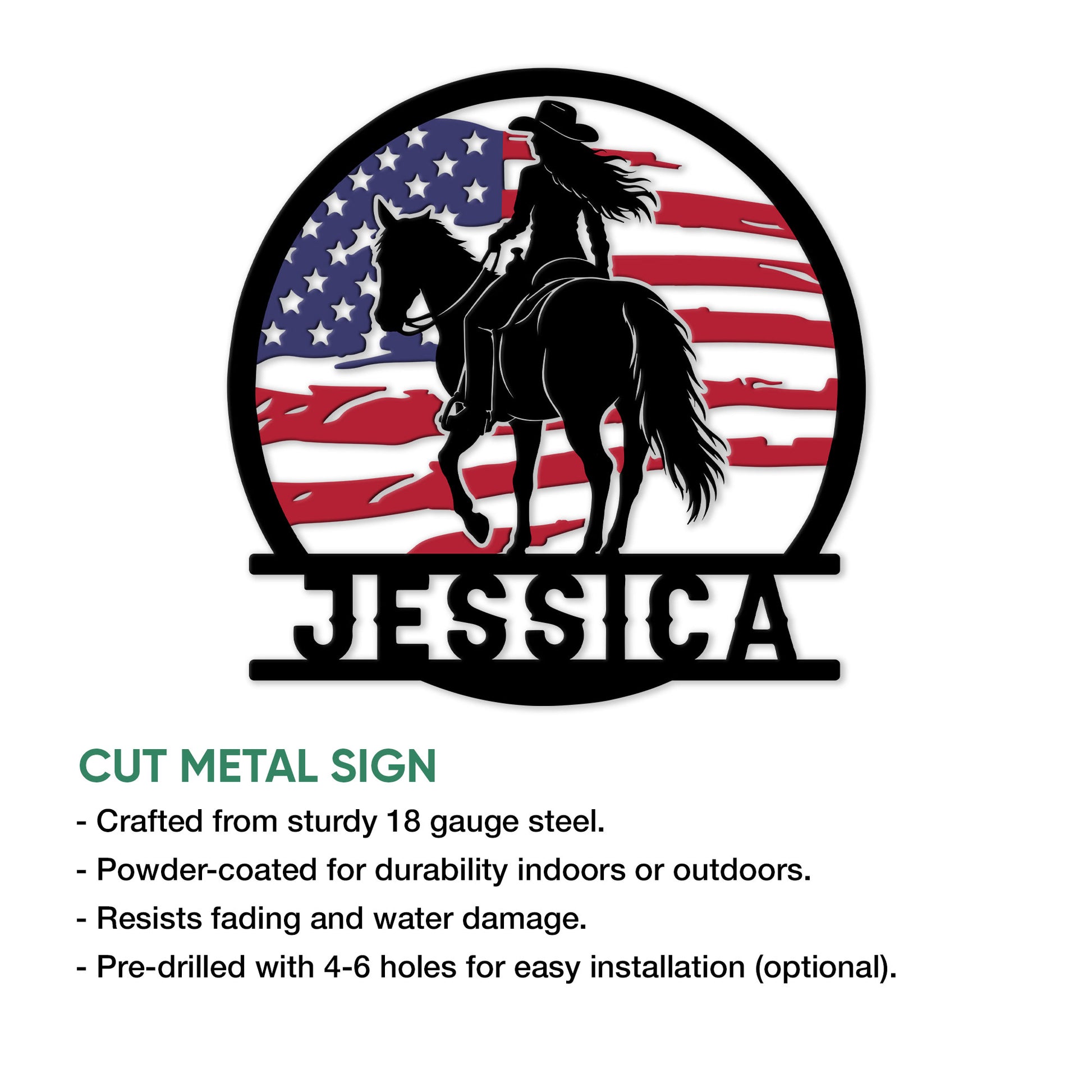 Cowgirl metal sign feature graphic showing the patriotic horseback rider design and product details