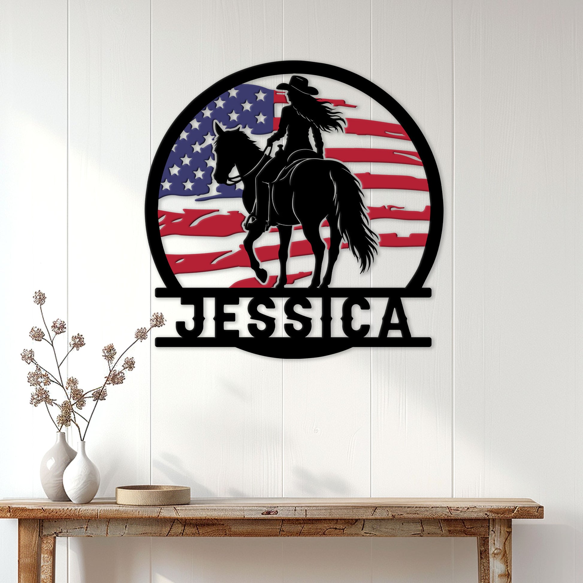 Patriotic cowgirl wall sign displayed above a console table in a bright farmhouse-style entryway