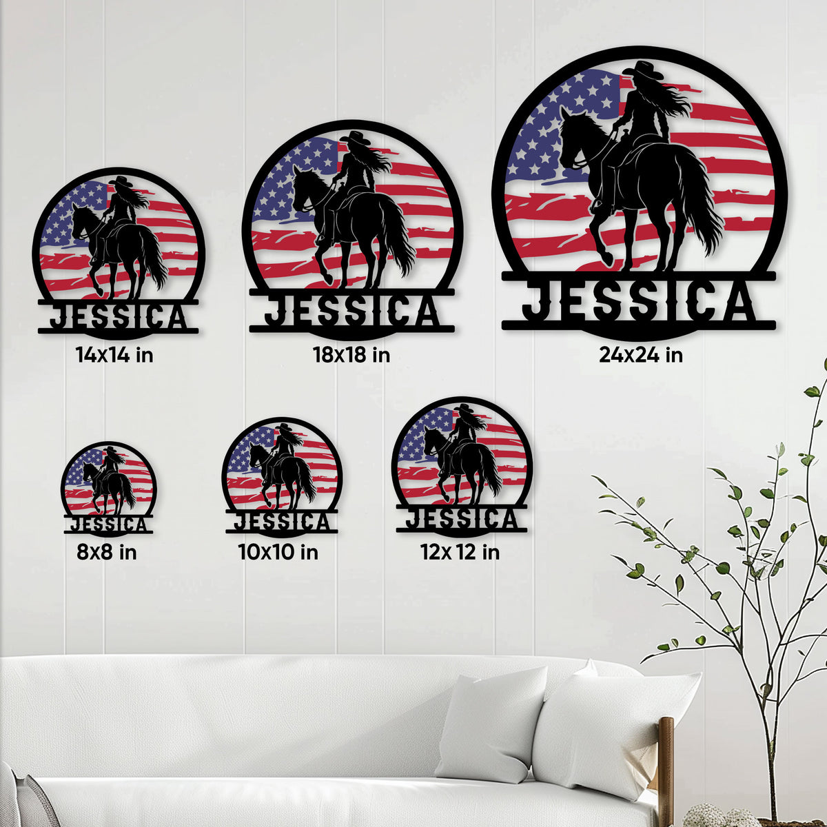Cowgirl metal sign size guide showing multiple dimensions in a living room display