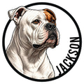 American Bulldog metal sign featuring a detailed white and brown bulldog portrait inside a bold circular frame