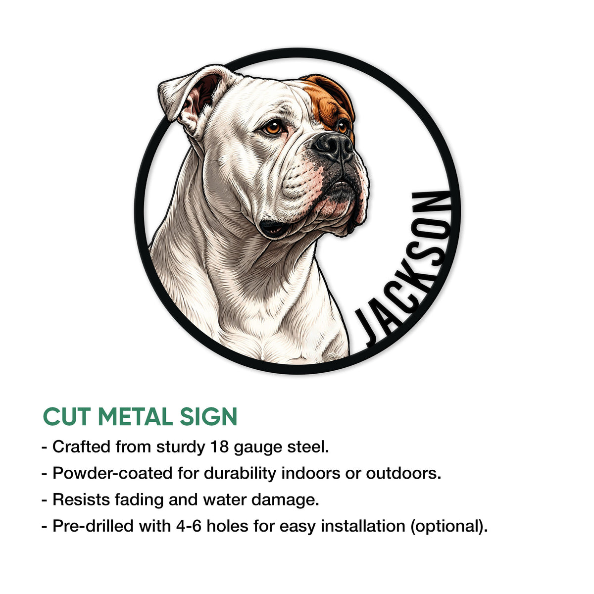 American Bulldog metal sign feature graphic showing the circular bulldog portrait and cut-metal sign presentation