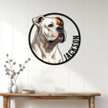 American Bulldog wall sign displayed on a white paneled wall above a rustic console table