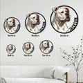 American Bulldog metal sign size guide showing multiple circular sign sizes in a bright living room