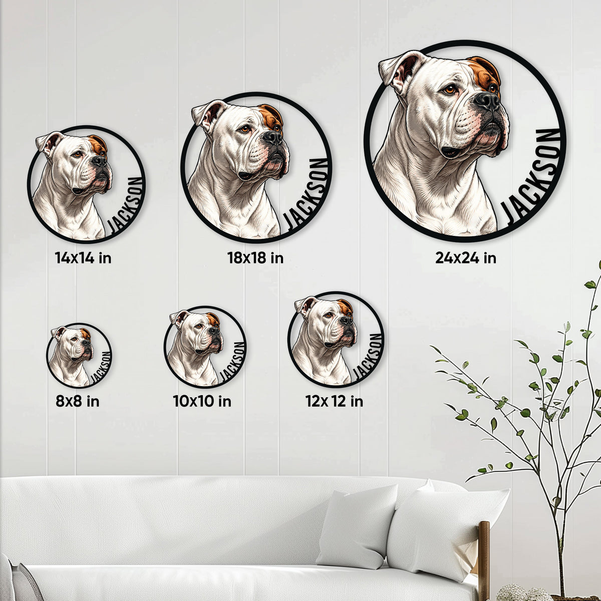 American Bulldog metal sign size guide showing multiple circular sign sizes in a bright living room