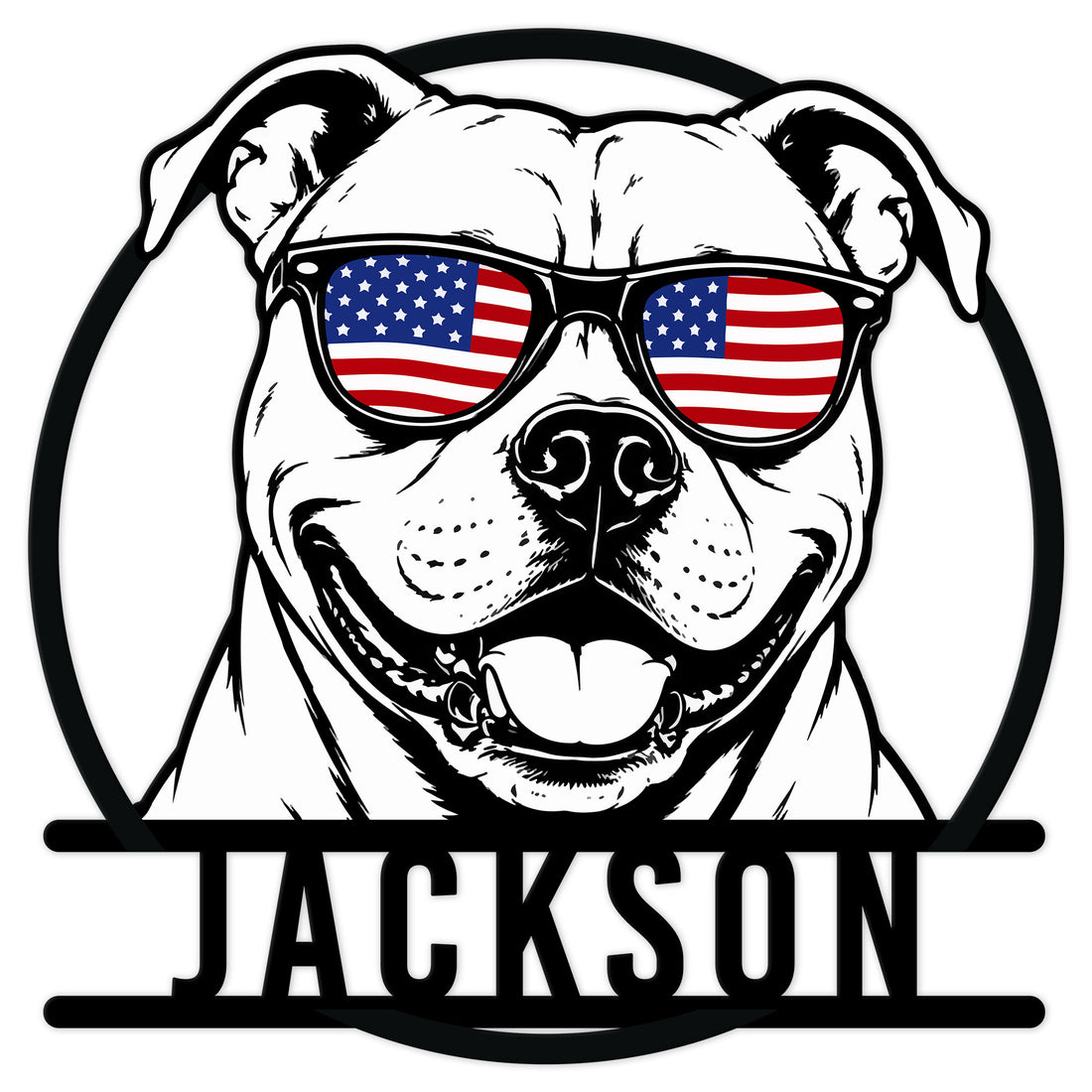 Custom American Bulldog metal sign featuring a smiling bulldog wearing sunglasses with American flag lenses