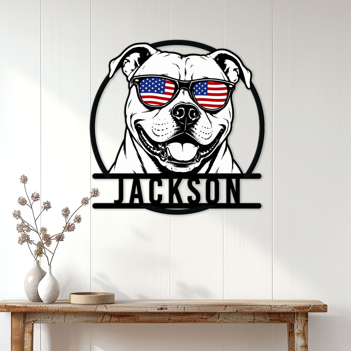 American Bulldog wall sign displayed above a console table in a bright home interior