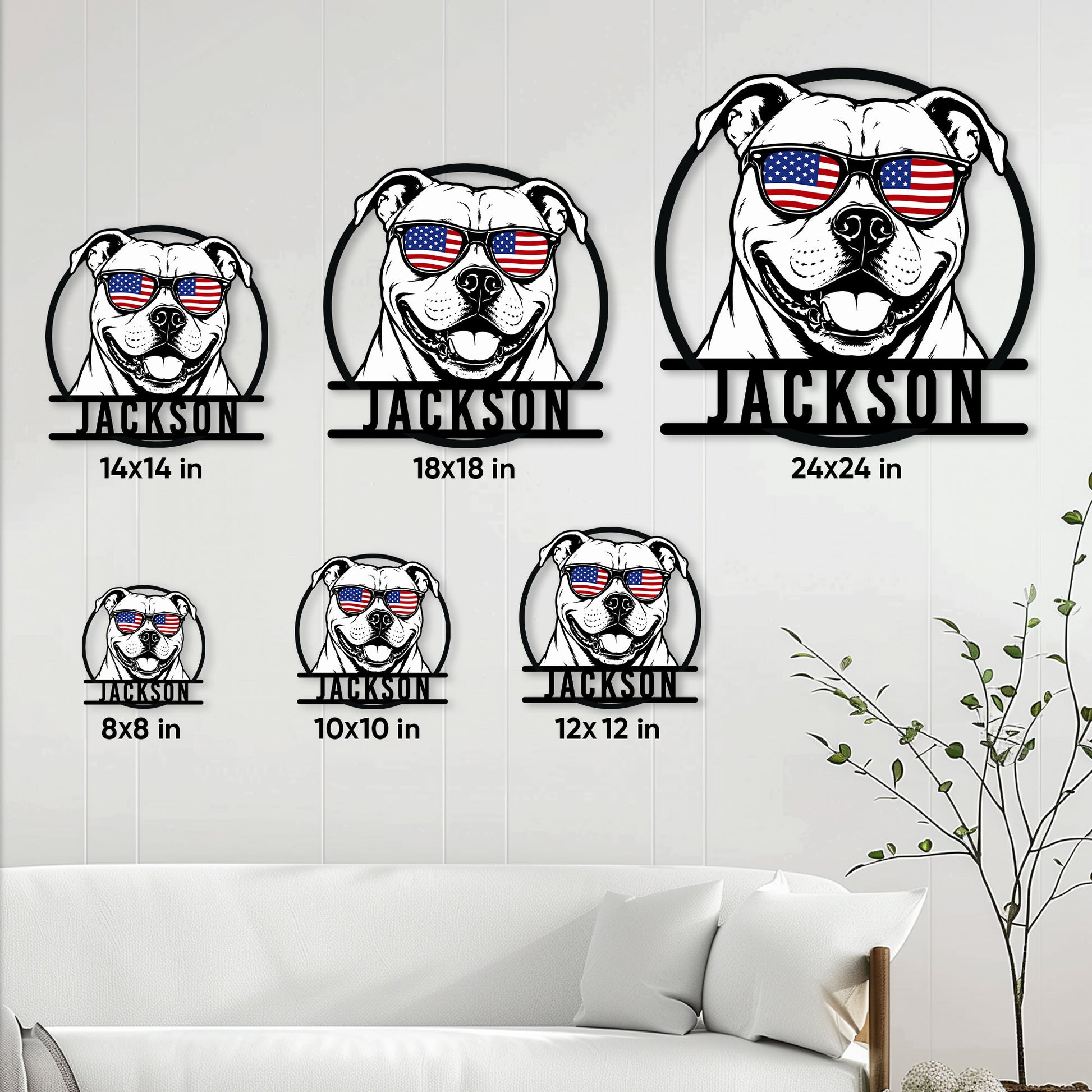 American Bulldog metal sign size guide showing multiple available dimensions on a living room wall