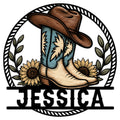 Cowgirl metal sign featuring western boots, a cowboy hat, sunflowers, and a decorative rope border