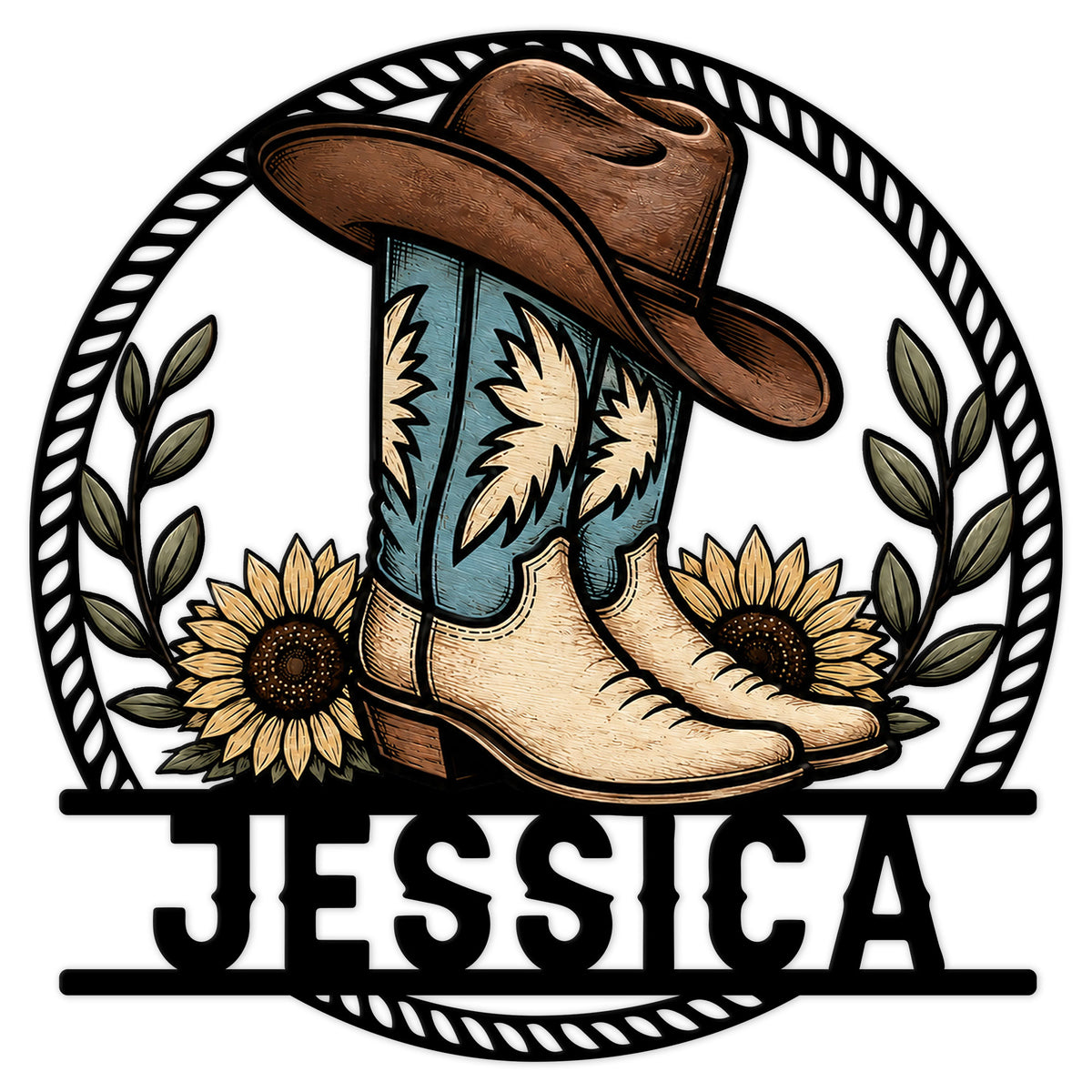Cowgirl metal sign featuring western boots, a cowboy hat, sunflowers, and a decorative rope border