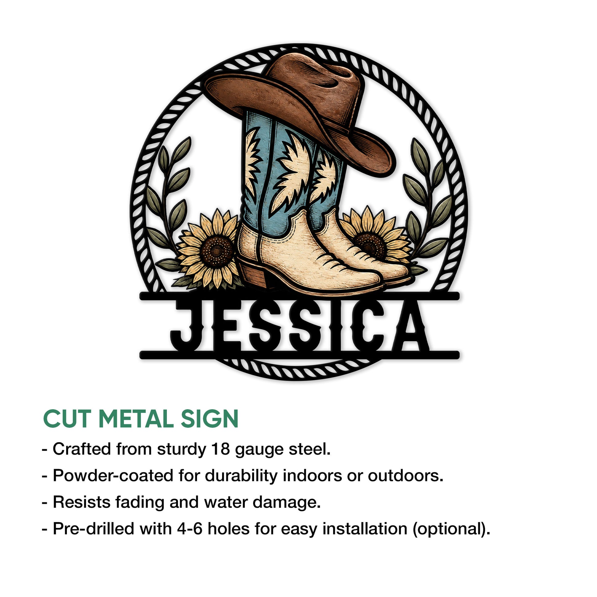 Cut metal cowgirl sign showcasing western boots and a cowboy hat framed by sunflower accents