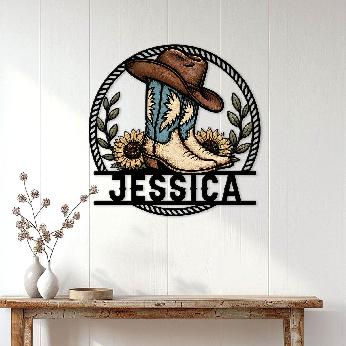 Cowgirl boots wall sign displayed on a bright paneled wall in a western-inspired home setting