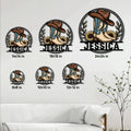 Cowgirl metal sign size guide showing multiple available dimensions in a living room display