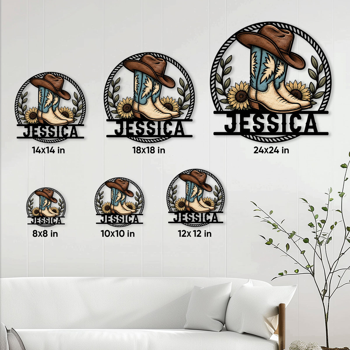 Cowgirl metal sign size guide showing multiple available dimensions in a living room display
