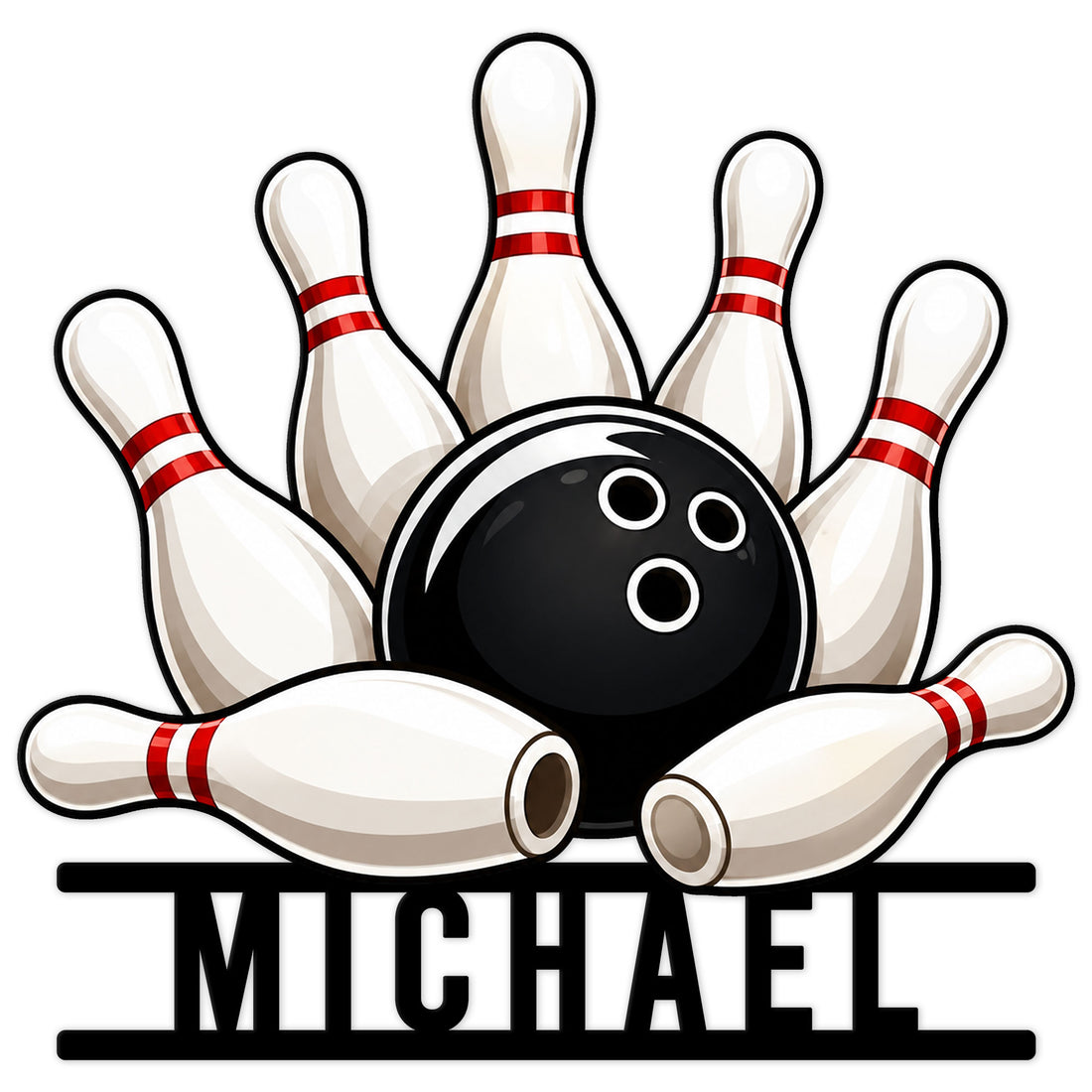 Bowling metal sign featuring a black bowling ball striking white pins with red neck stripes
