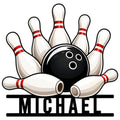Bowling metal sign featuring a black bowling ball striking white pins with red neck stripes