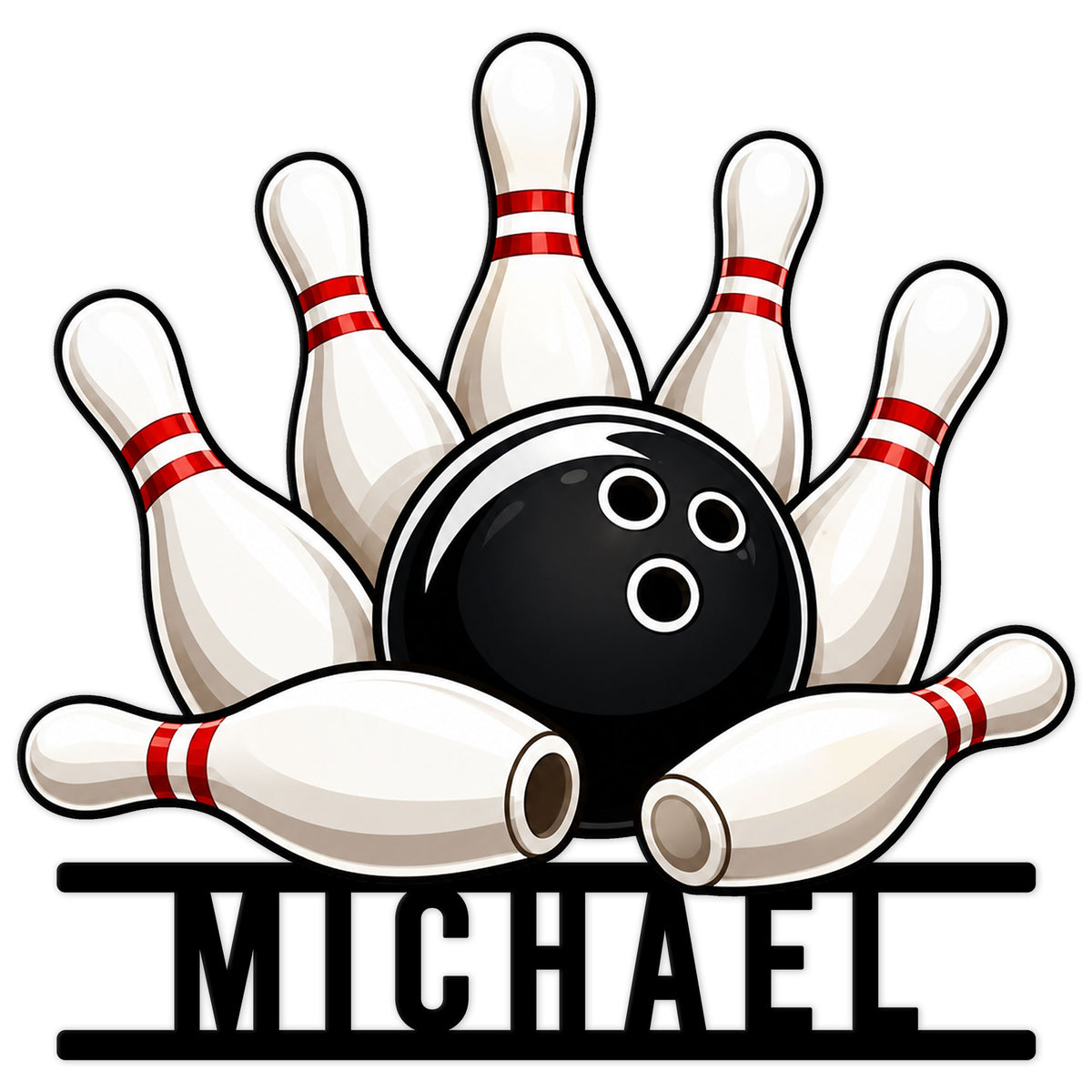Bowling metal sign featuring a black bowling ball striking white pins with red neck stripes