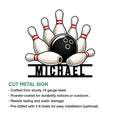 Bowling metal sign product graphic showing the pin-and-ball design with cut-metal sign details
