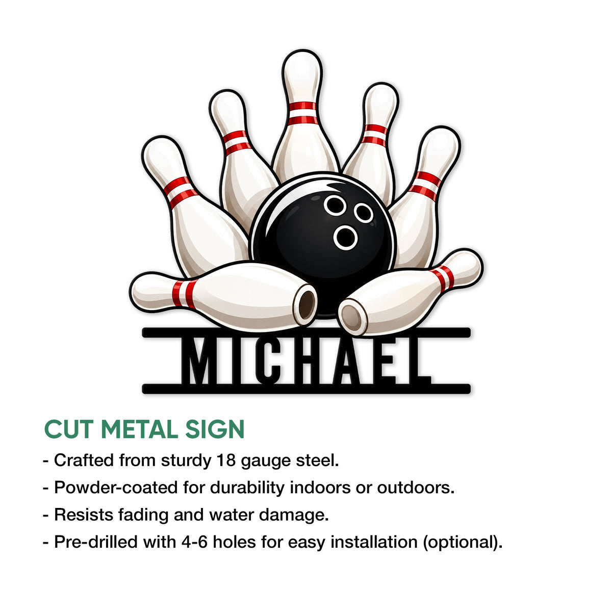 Bowling metal sign product graphic showing the pin-and-ball design with cut-metal sign details