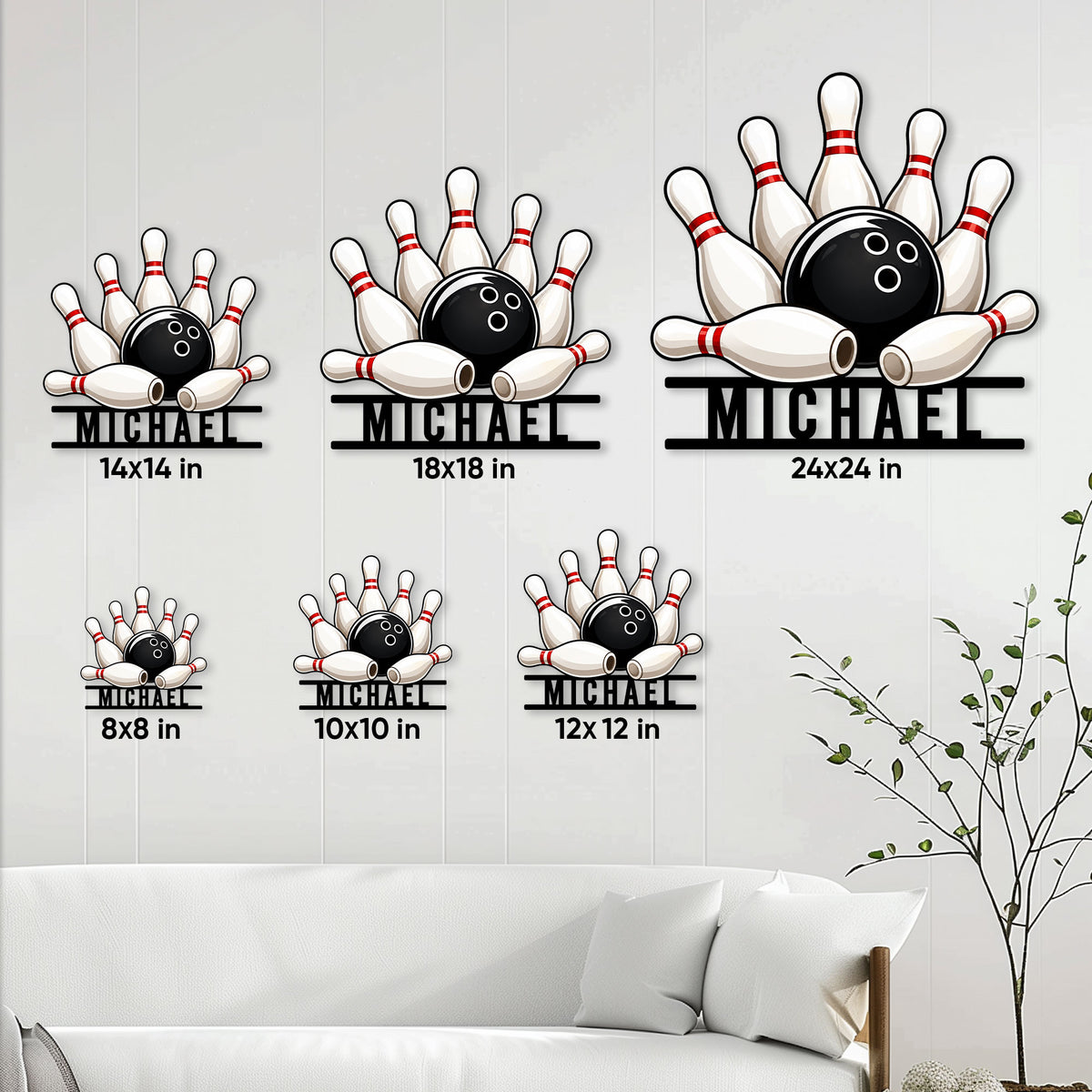 Bowling metal sign size guide showing six available square sizes from 8x8 to 24x24 inches