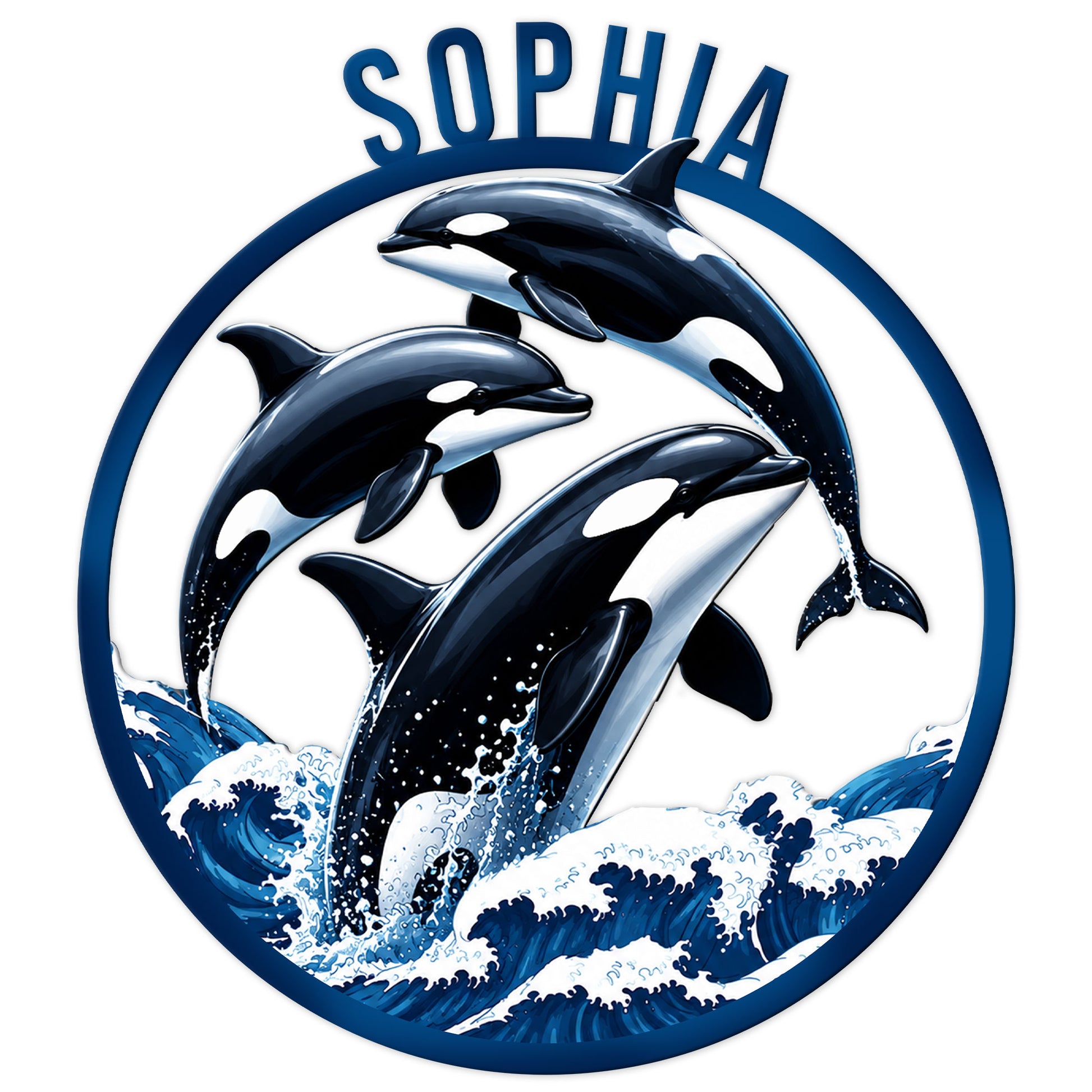 Circular orca metal sign featuring three leaping killer whales rising through stylized blue ocean waves