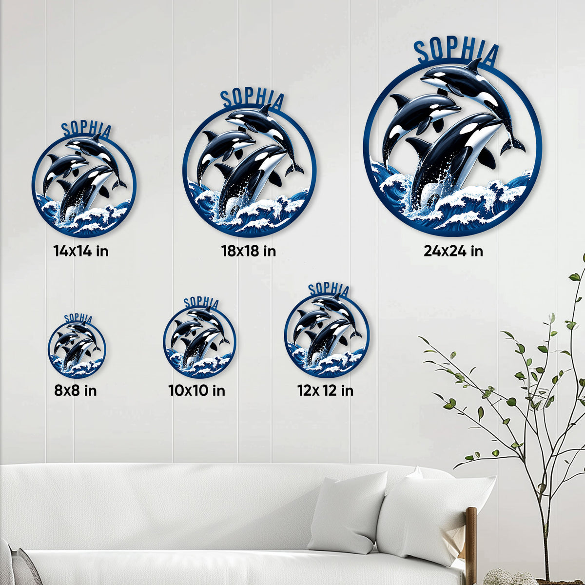 Orca metal sign shown in multiple size options above a modern living room sofa