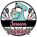 Custom baking metal sign featuring a stand mixer, mixing bowl, baking utensils, and pink floral accents