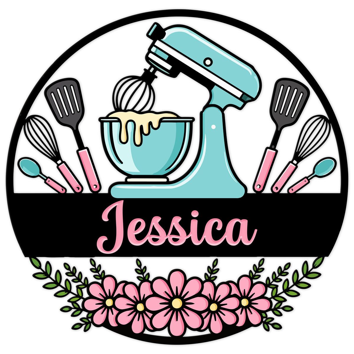 Custom baking metal sign featuring a stand mixer, mixing bowl, baking utensils, and pink floral accents