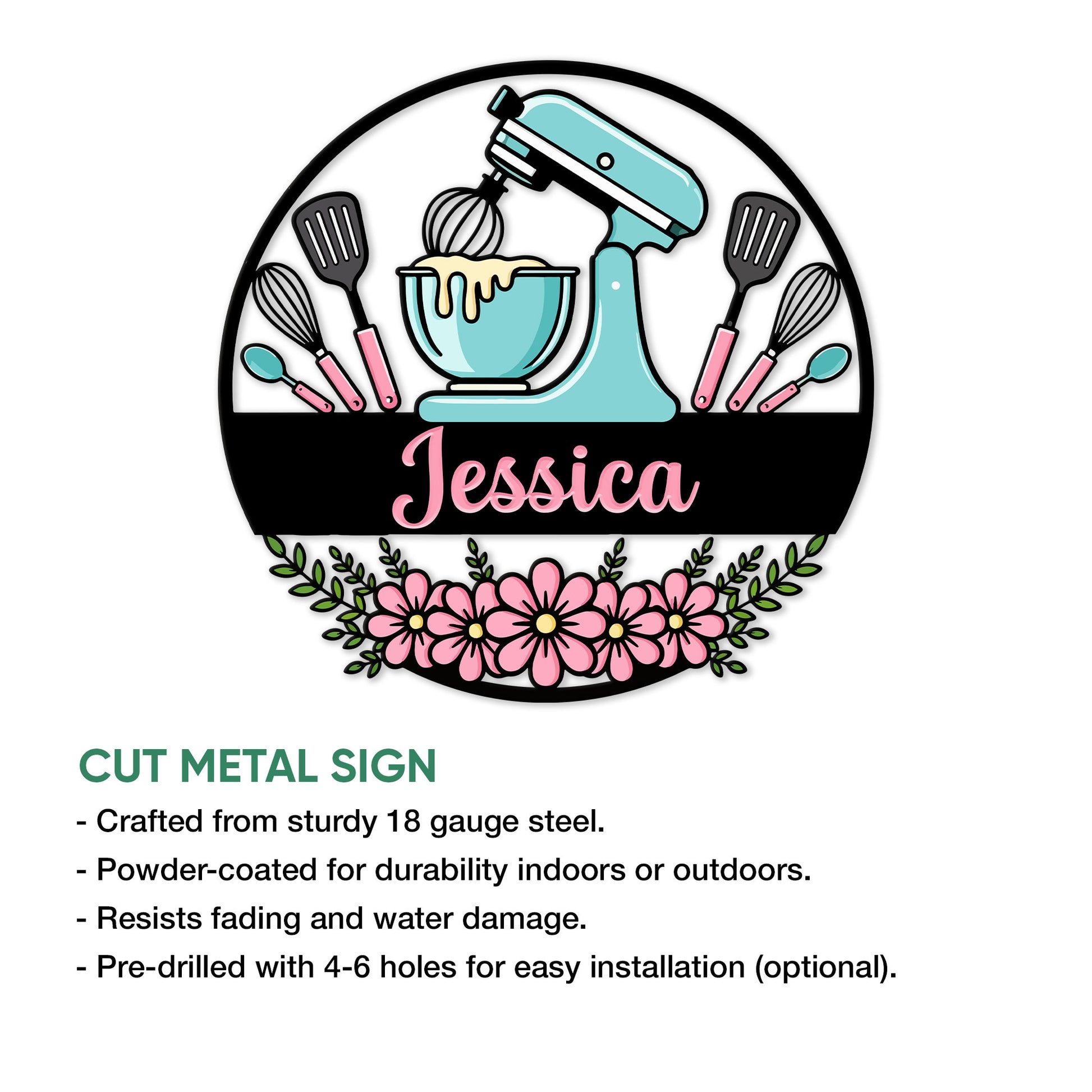 Baking metal sign shown with its floral mixer design and cut metal sign feature details