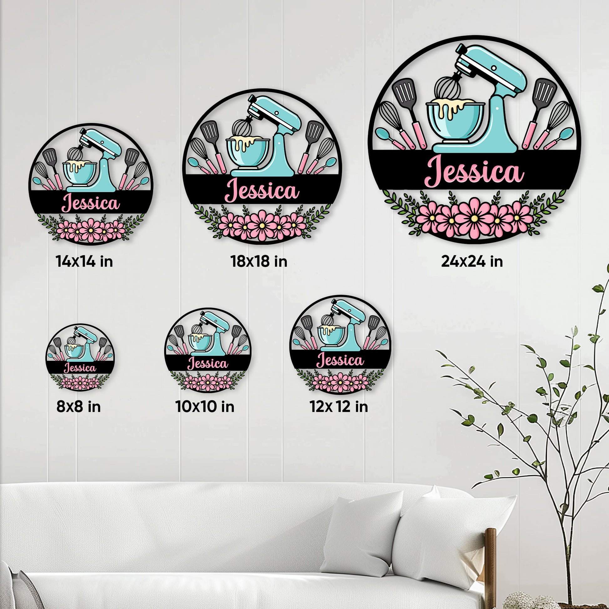 Baking metal sign size guide showing available 8, 10, 12, 14, 18, and 24 inch options