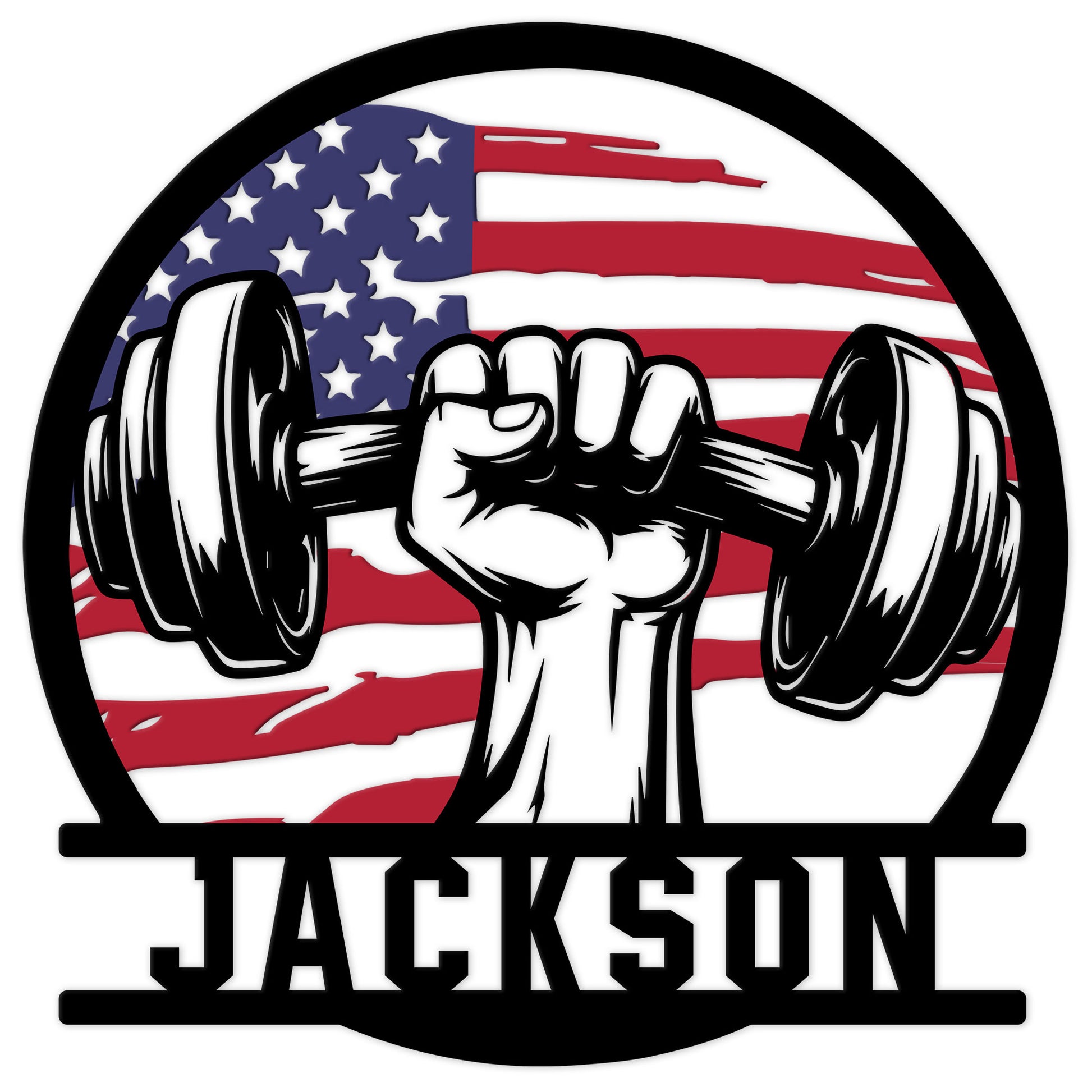 Patriotic weightlifting metal sign featuring a raised fist gripping a dumbbell over an American flag