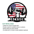 Patriotic weightlifting cut-metal sign shown with a product feature infographic