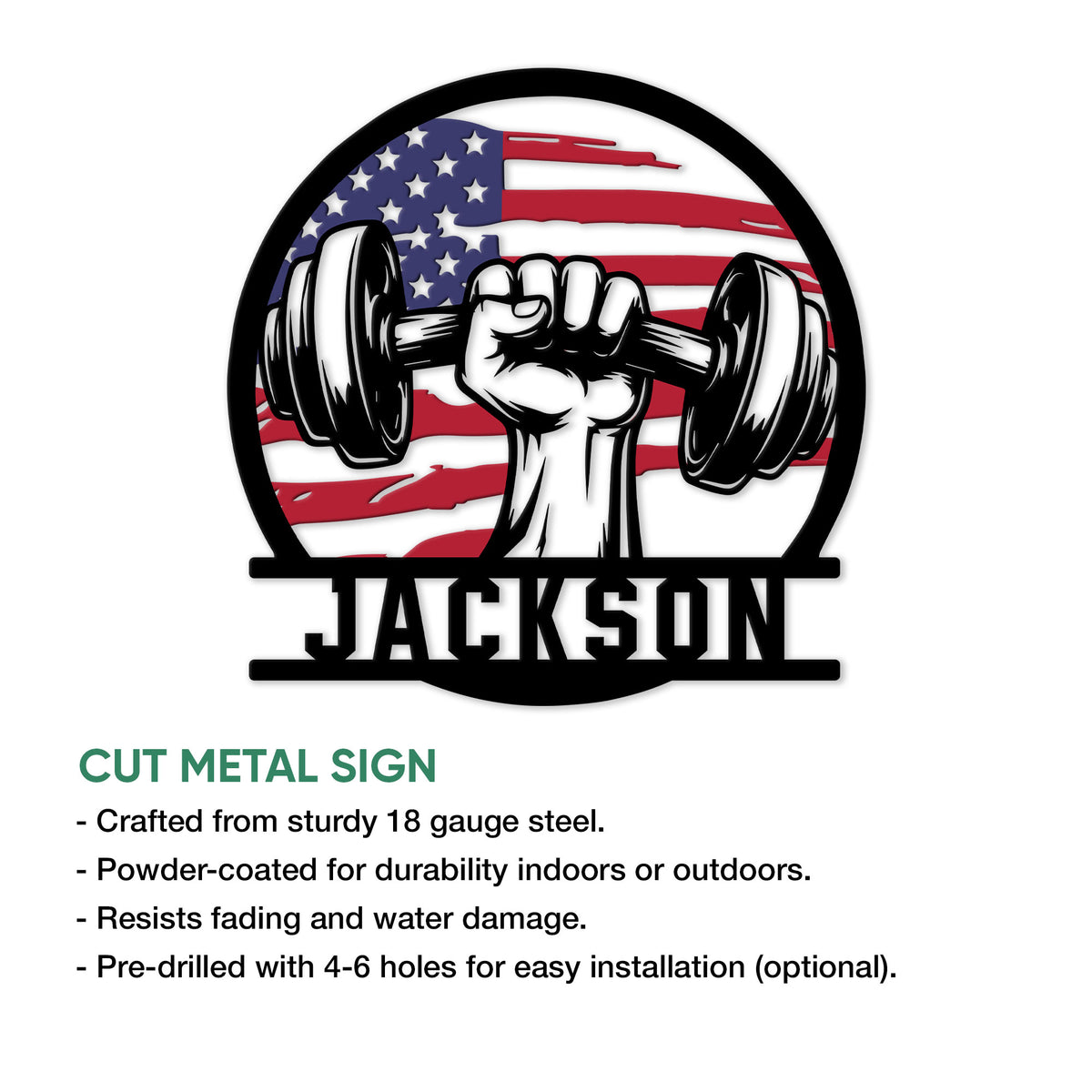 Patriotic weightlifting cut-metal sign shown with a product feature infographic