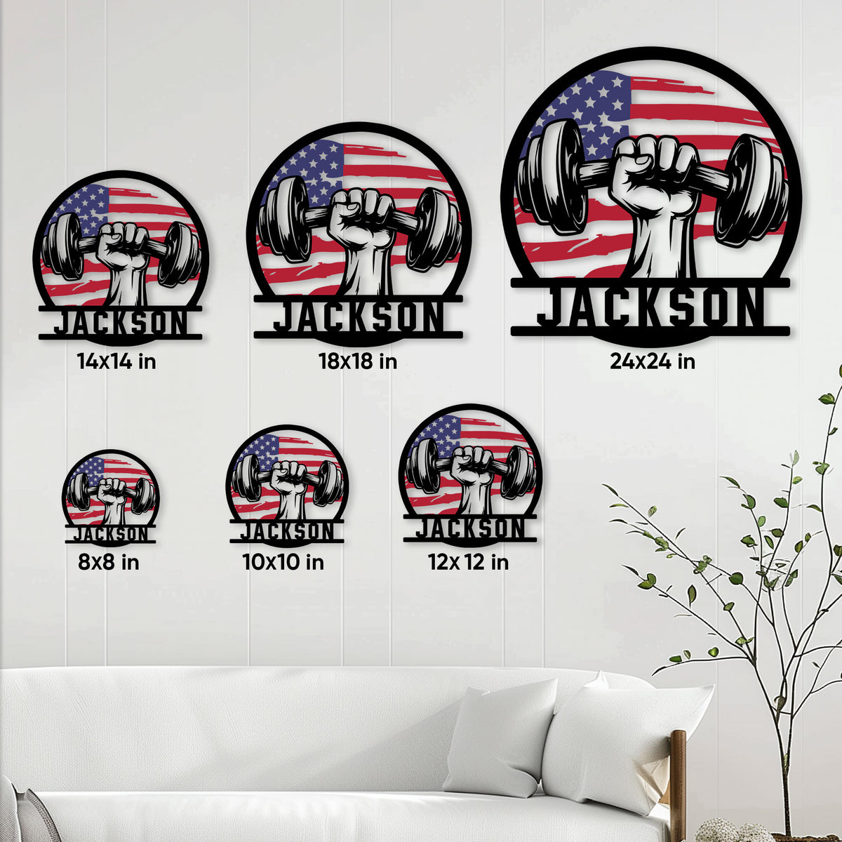 Weightlifting metal sign size guide showing six available square dimensions in a room setting