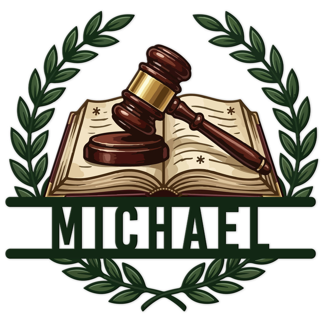 Custom lawyer metal sign featuring a judge's gavel over an open law book framed by laurel branches