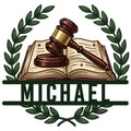 Custom lawyer metal sign featuring a judge's gavel over an open law book framed by laurel branches