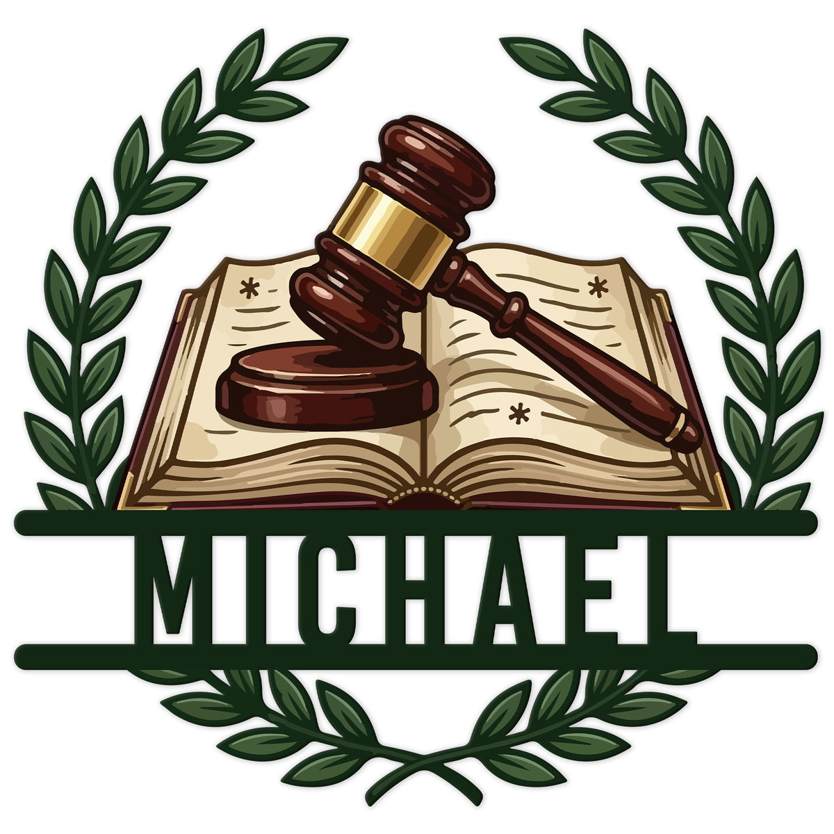 Custom lawyer metal sign featuring a judge's gavel over an open law book framed by laurel branches