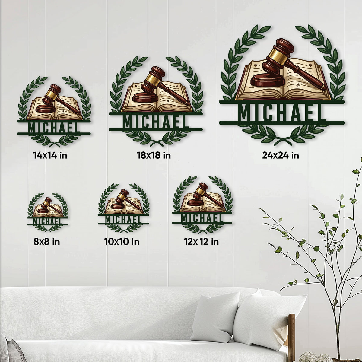 Lawyer metal sign size guide showing six available square sizes from 8 by 8 to 24 by 24 inches