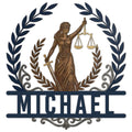 Custom lawyer metal sign featuring Lady Justice, scales of justice, sword, and a laurel frame