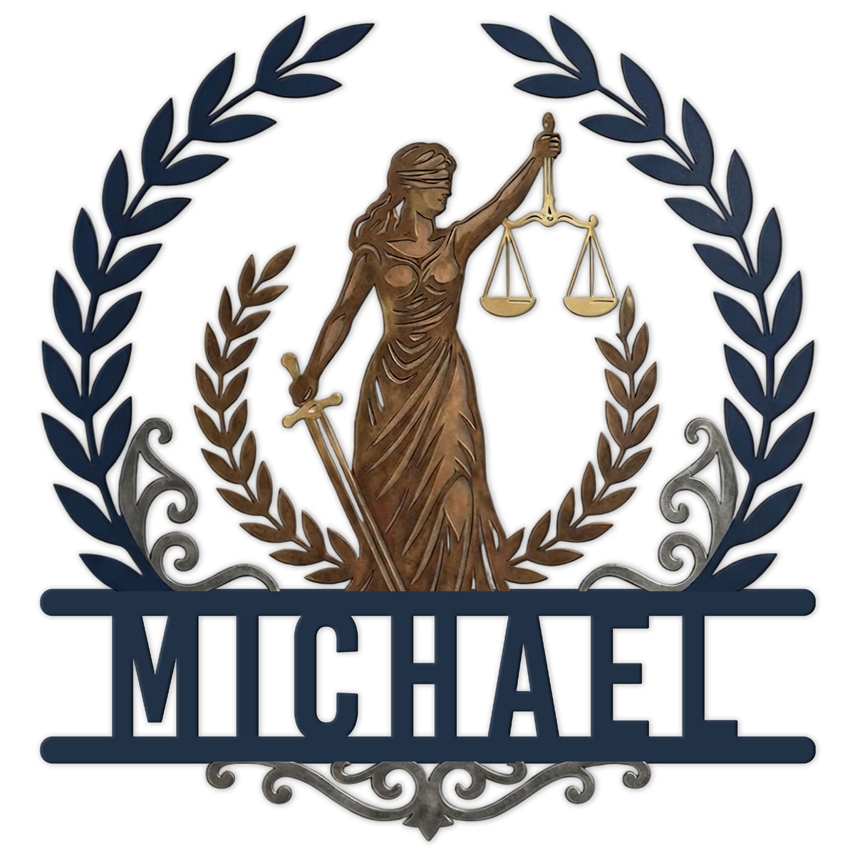 Custom lawyer metal sign featuring Lady Justice, scales of justice, sword, and a laurel frame