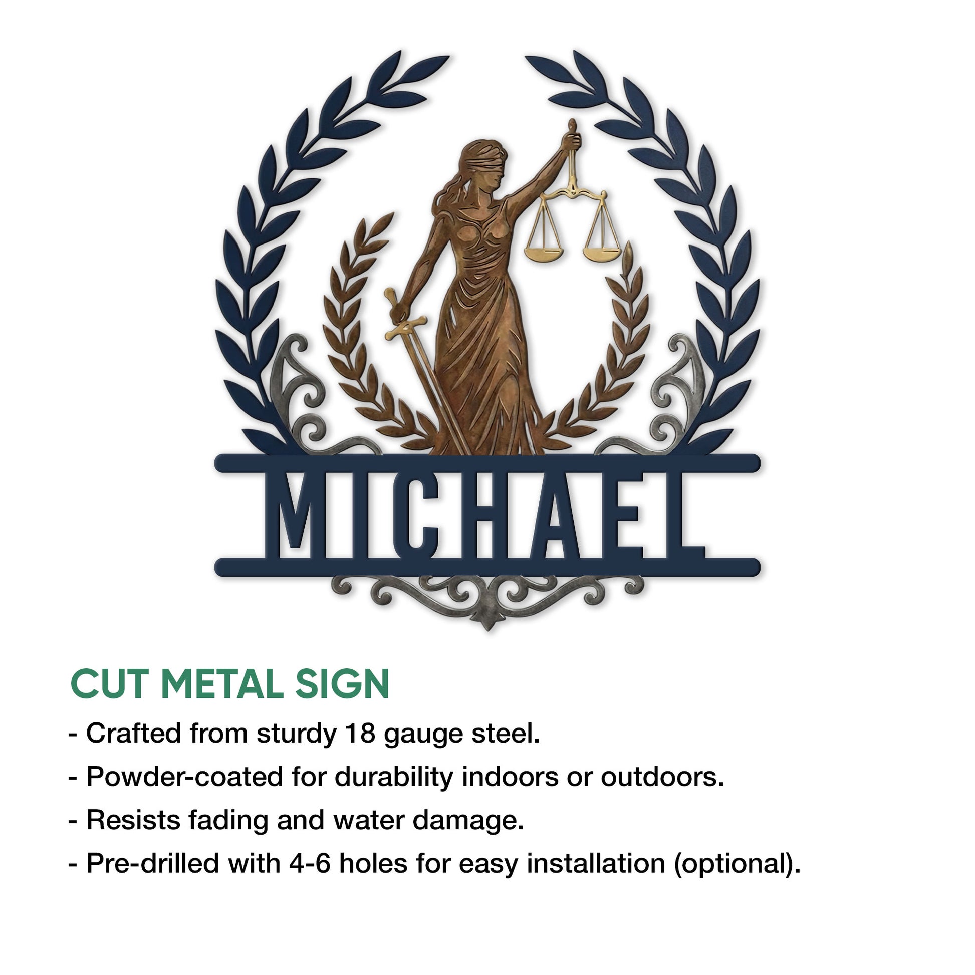 Lawyer metal sign feature graphic showing the Lady Justice design and cut-metal sign presentation