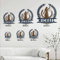 Lawyer metal sign size guide showing multiple square size options styled on a living room wall